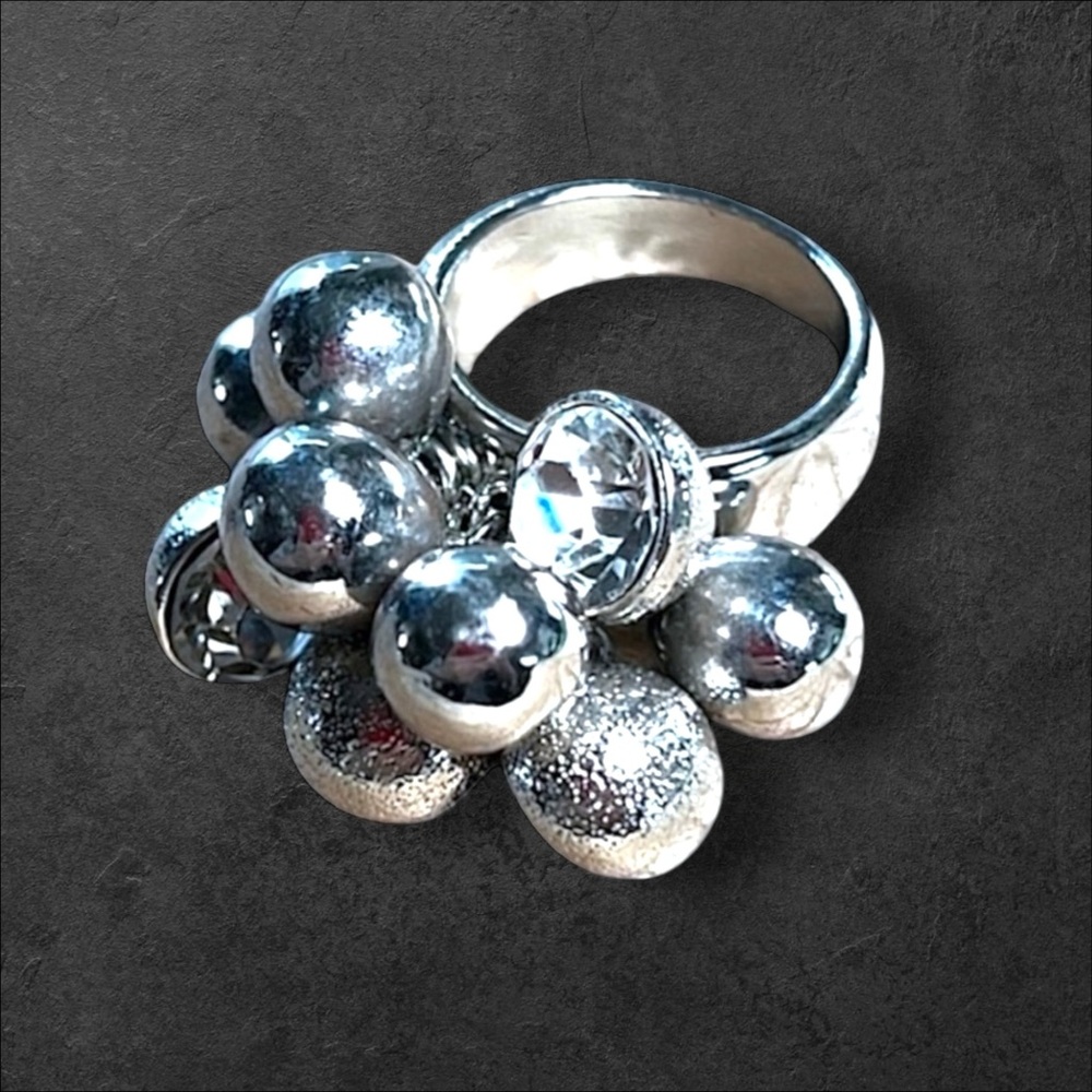 Rhinestones & Balls Silver tone Adjustable Cocktail Ring